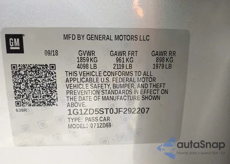 2018 Chevrolet Malibu Lt z USA, uszkodzony, nr VIN 1G1ZD5ST0JF292207